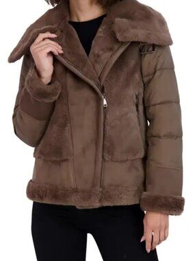 NWT Tahari Saylor Faux Fur & Faux Suede Quilted Puffer Jacket - Med.